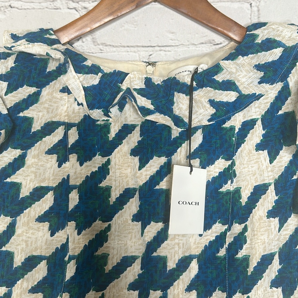 Coach Teal Blue Cream Houndstooth Ruffle Dress Size 2 Brand New W/Tags - Picture 4 of 16